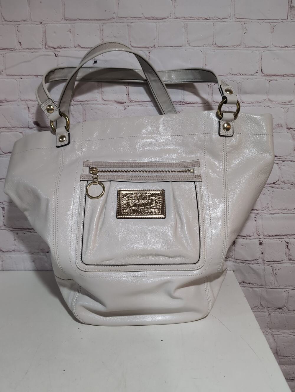 Coach Poppy Glam 14565 Bone White Leather Slouchy Satchel Handbag Purse Bag